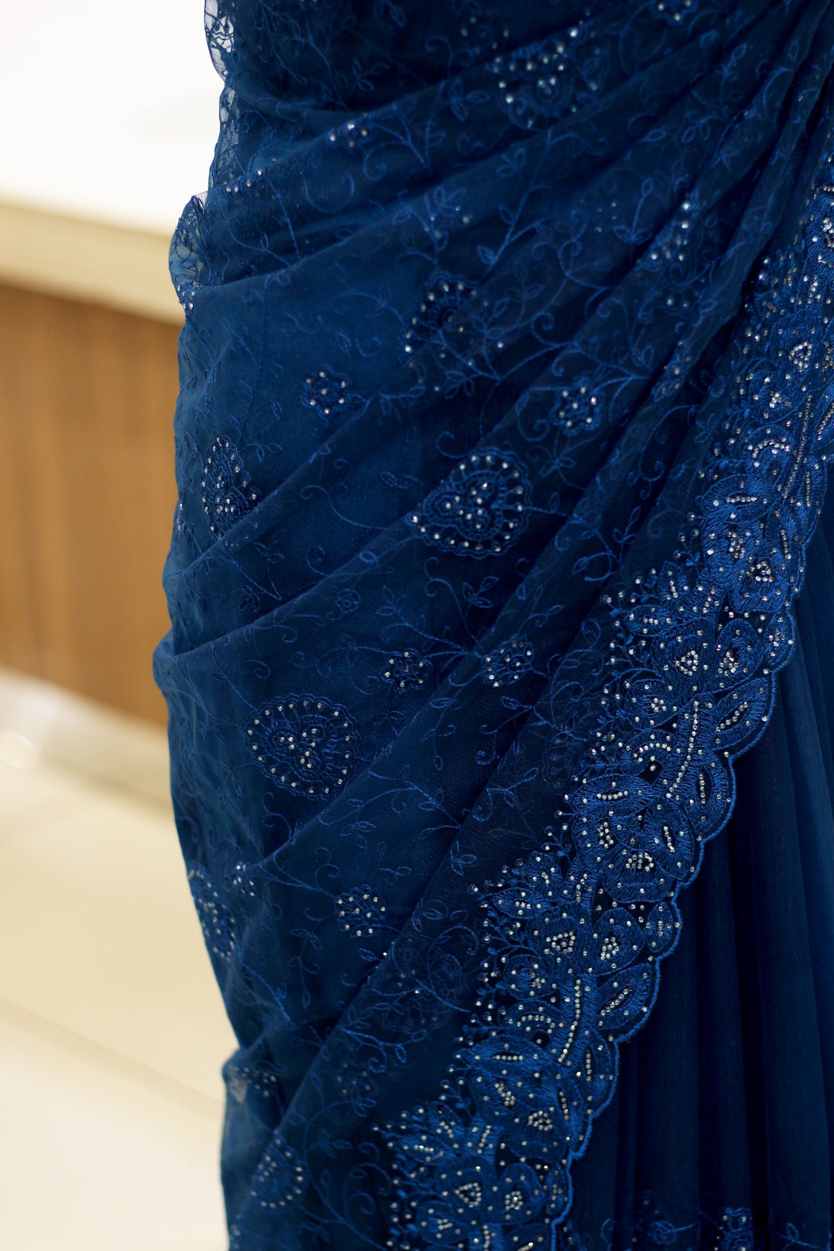 Royal Blue Net Fancy Saree with Thread & Stone Work | Stone Threadwork Blouse