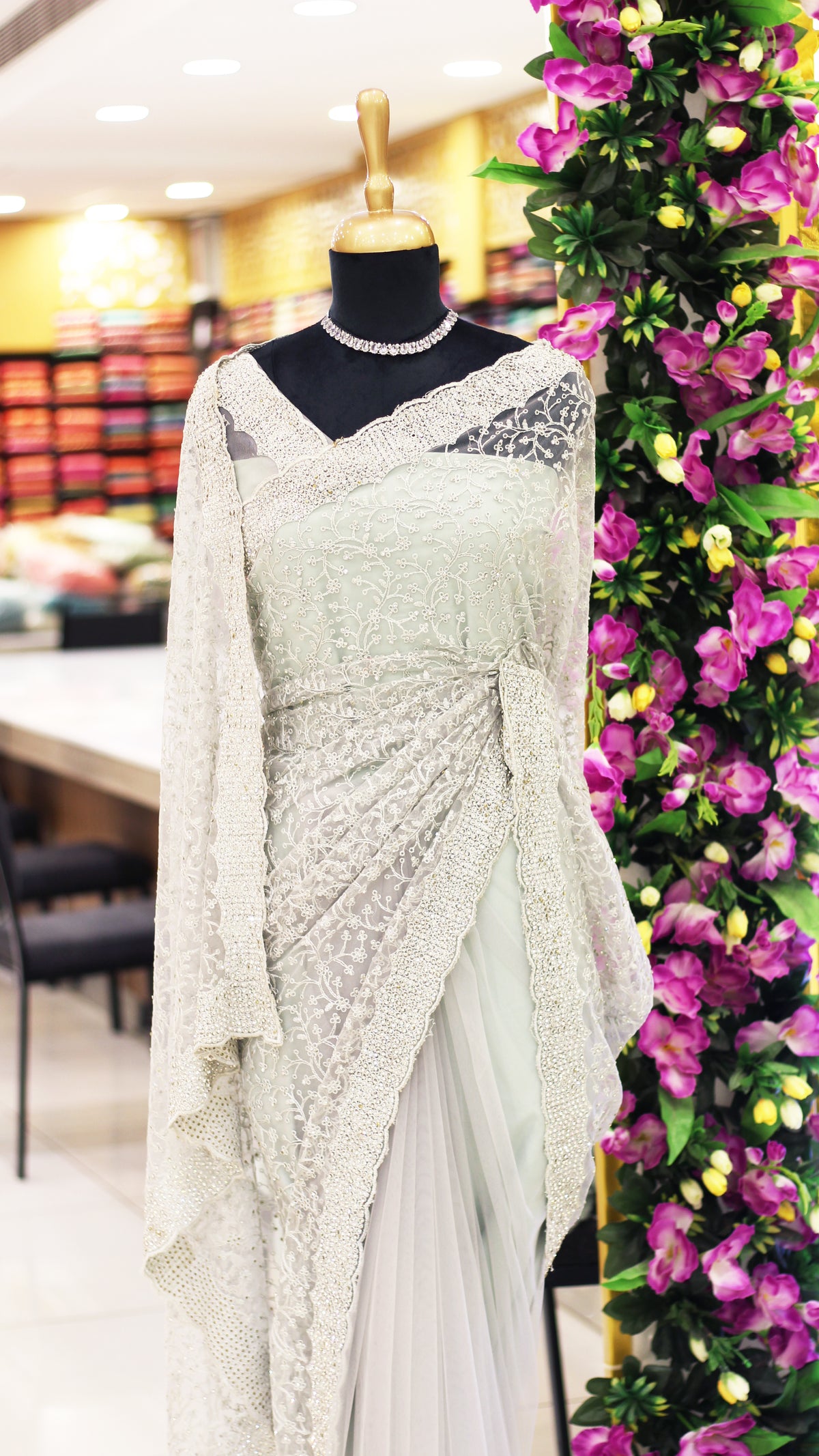 Silver Off-White Net Fancy Saree with Thread & Stone Work | Embroidered Sleeve Border Blouse