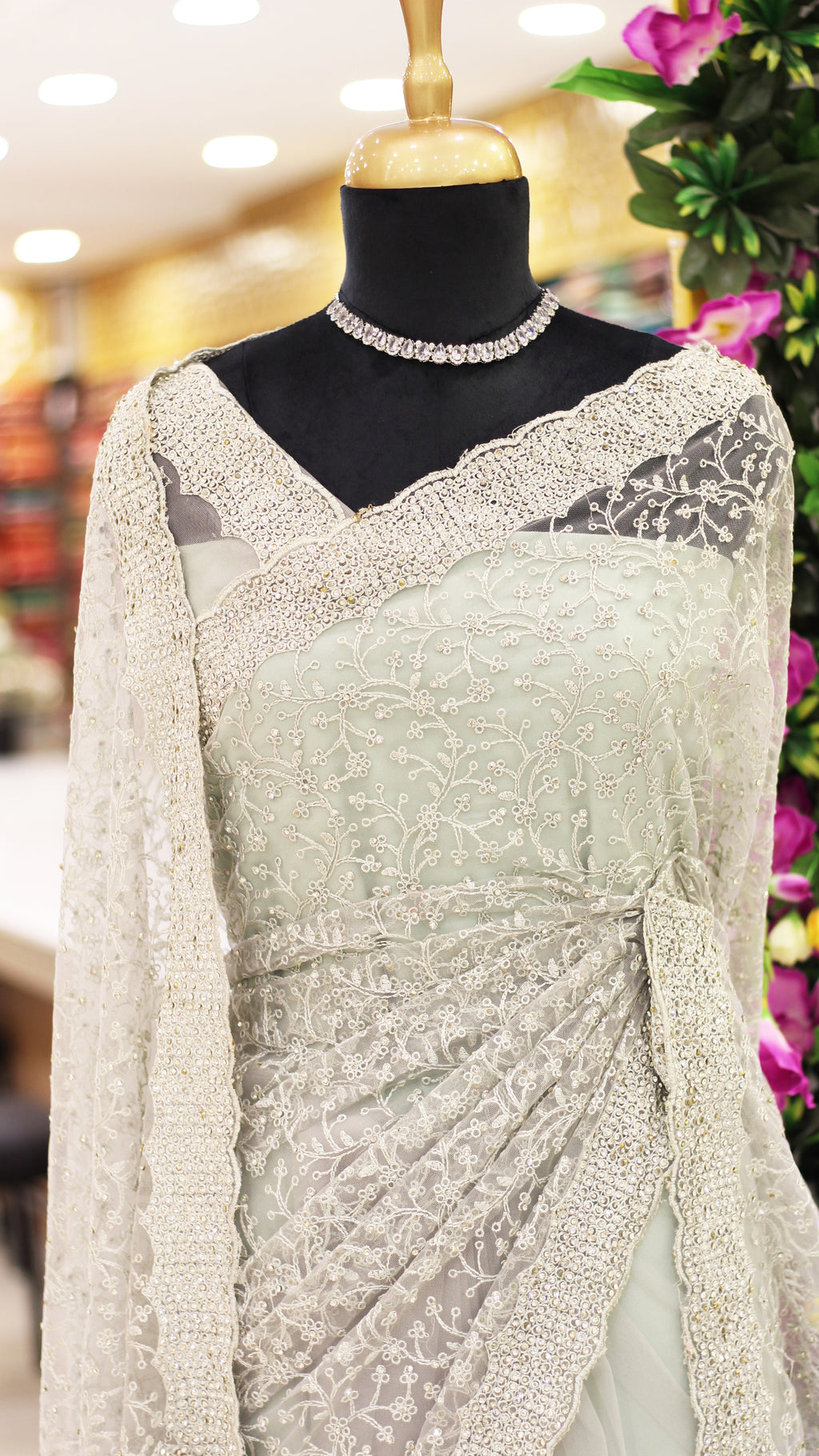 Silver Off-White Net Fancy Saree with Thread & Stone Work | Embroidered Sleeve Border Blouse
