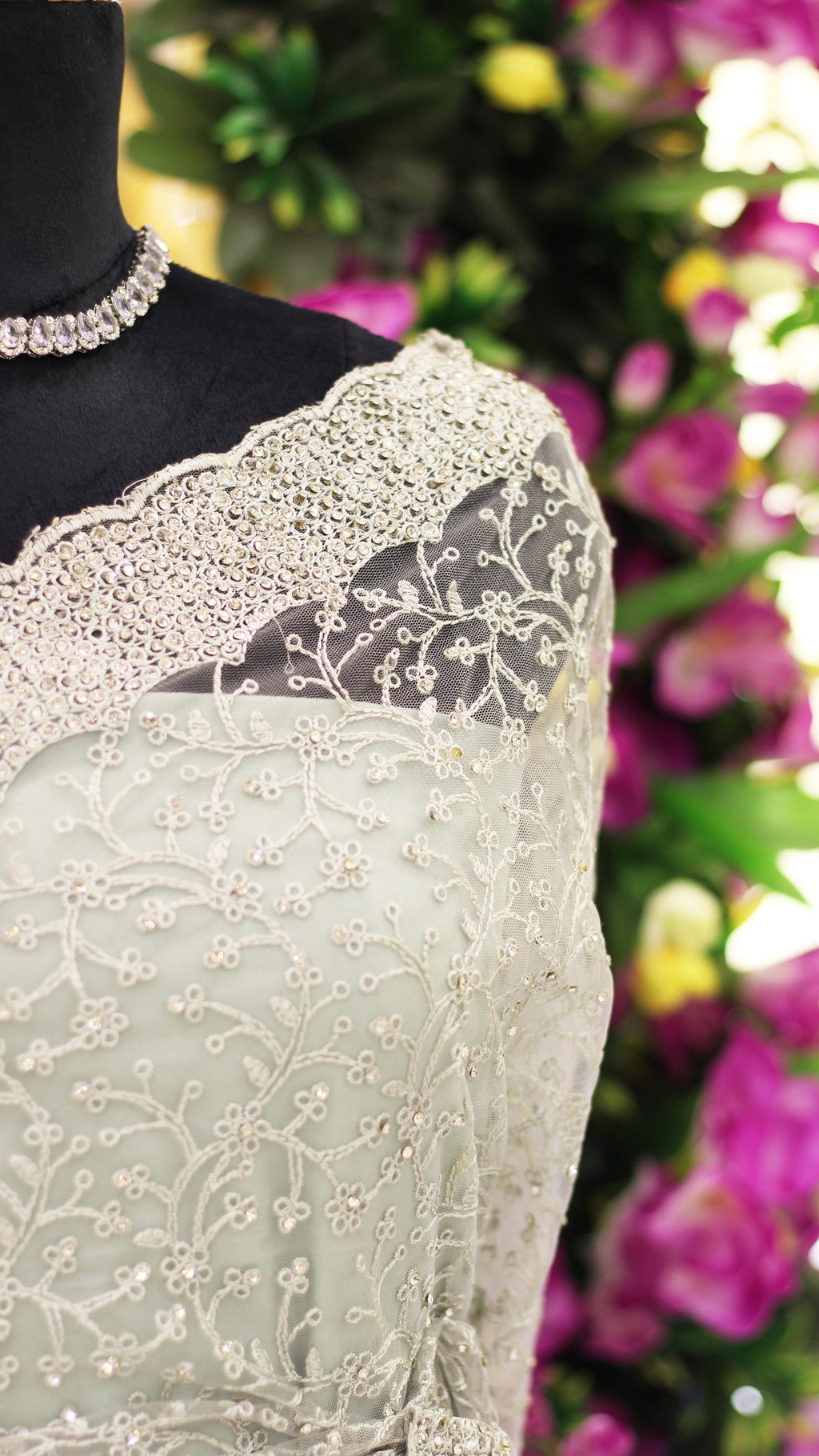 Silver Off-White Net Fancy Saree with Thread & Stone Work | Embroidered Sleeve Border Blouse