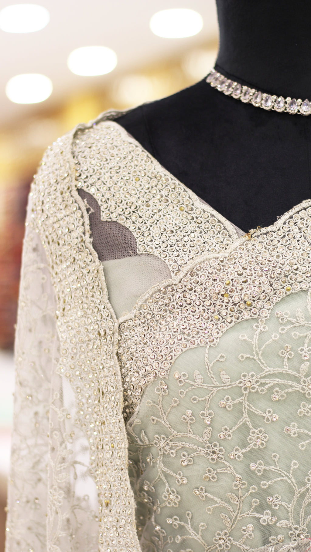 Silver Off-White Net Fancy Saree with Thread & Stone Work | Embroidered Sleeve Border Blouse