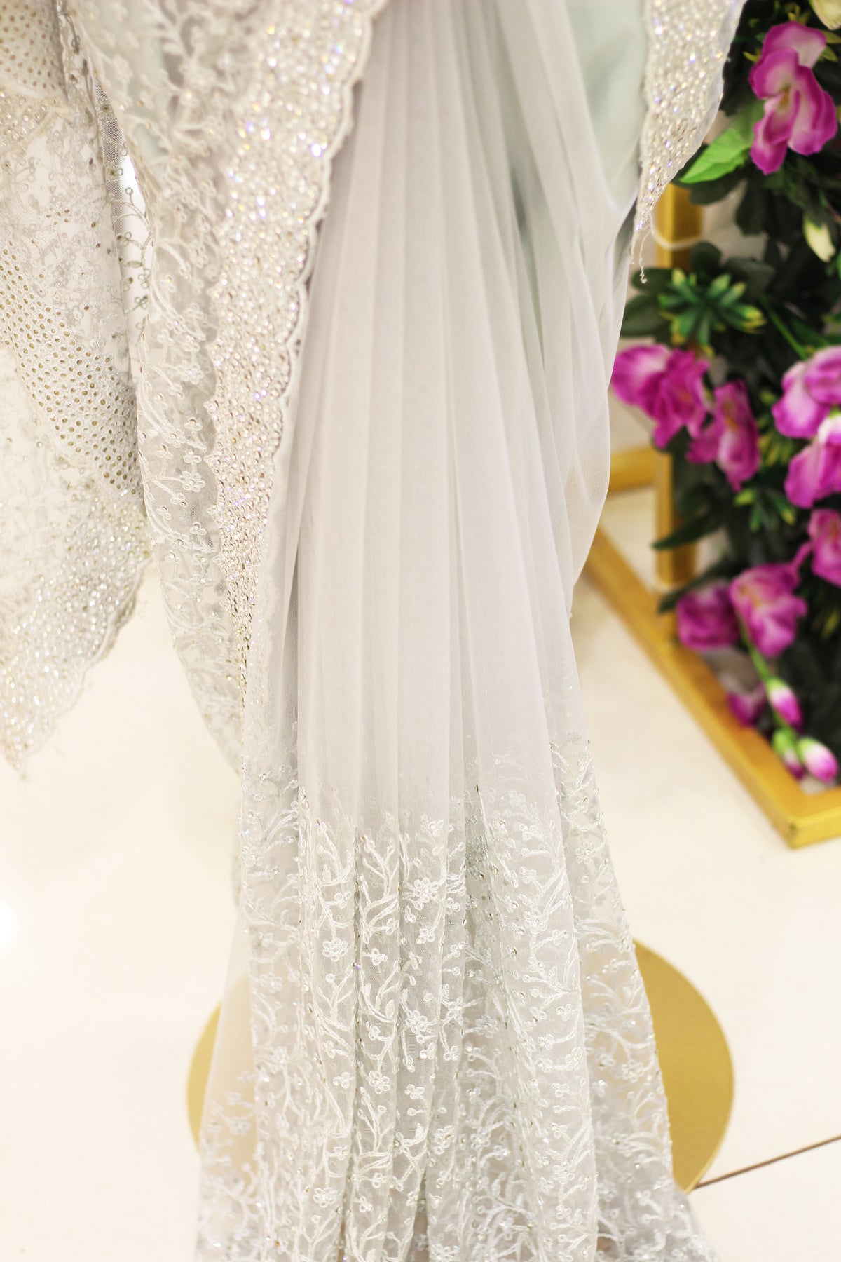 Silver Off-White Net Fancy Saree with Thread & Stone Work | Embroidered Sleeve Border Blouse