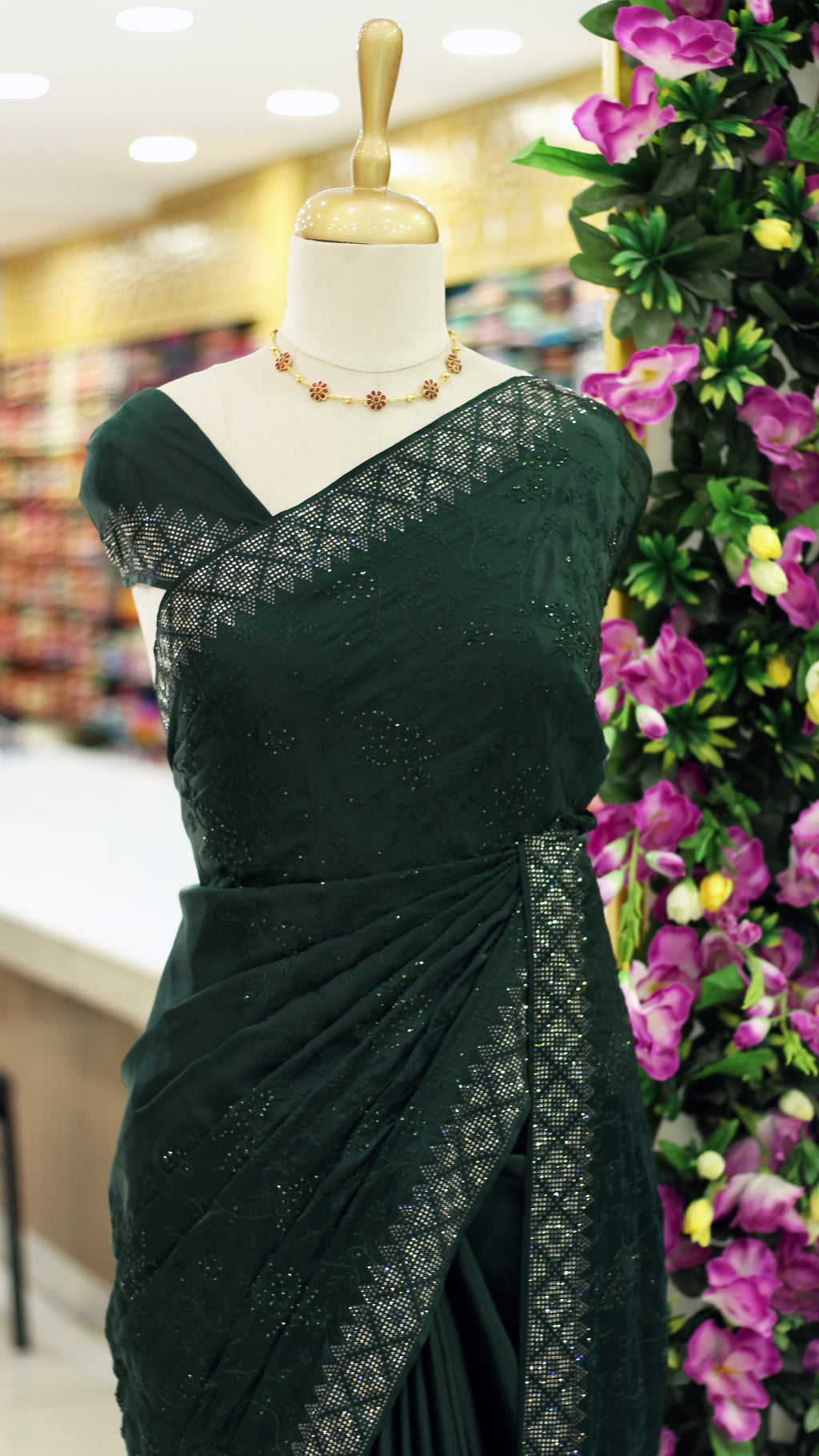 Bottle Green Satin Silk Saree with Thread & Stone Work | Plain Stone Work Blouse
