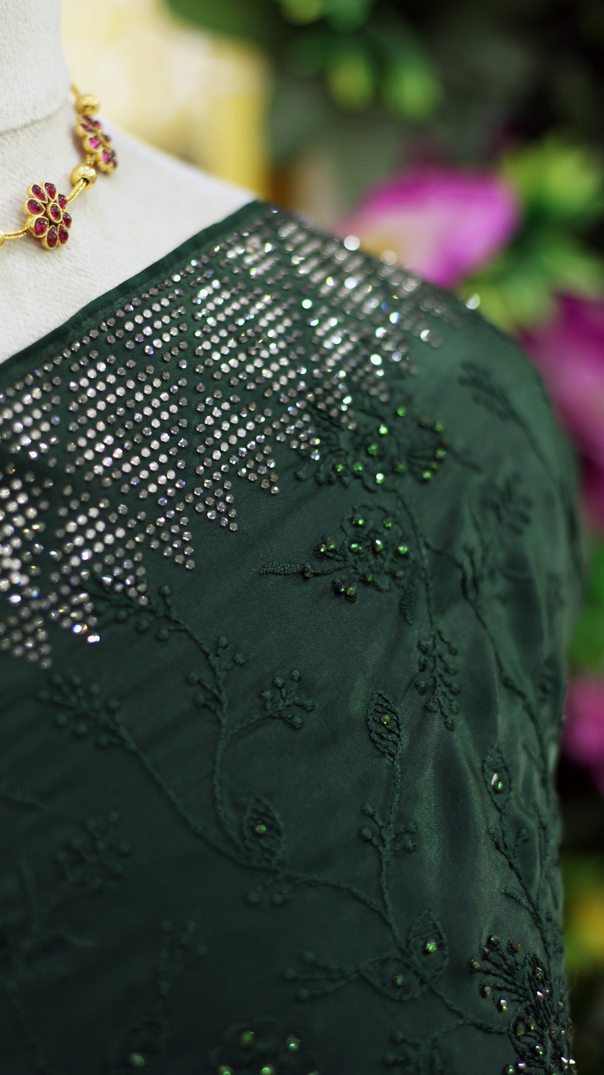 Bottle Green Satin Silk Saree with Thread & Stone Work | Plain Stone Work Blouse