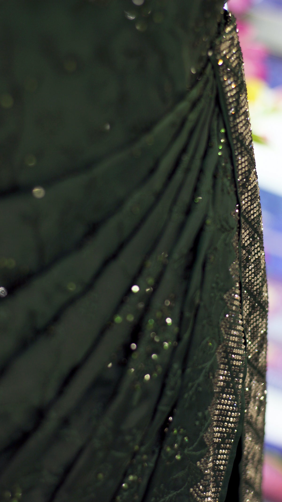Bottle Green Satin Silk Saree with Thread & Stone Work | Plain Stone Work Blouse