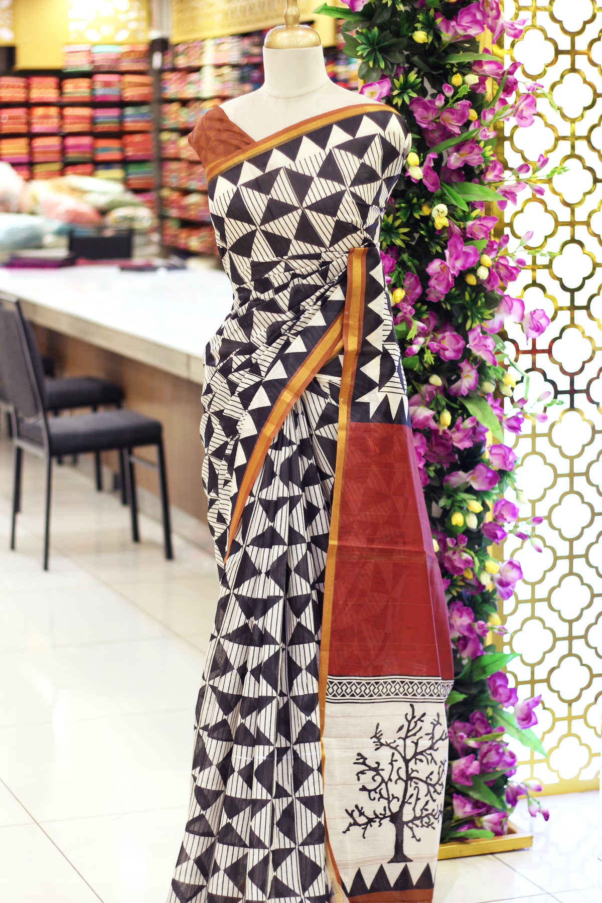 Black & White Semi Chanderi Saree | Triangle Block Print & Metallic Gold Border
