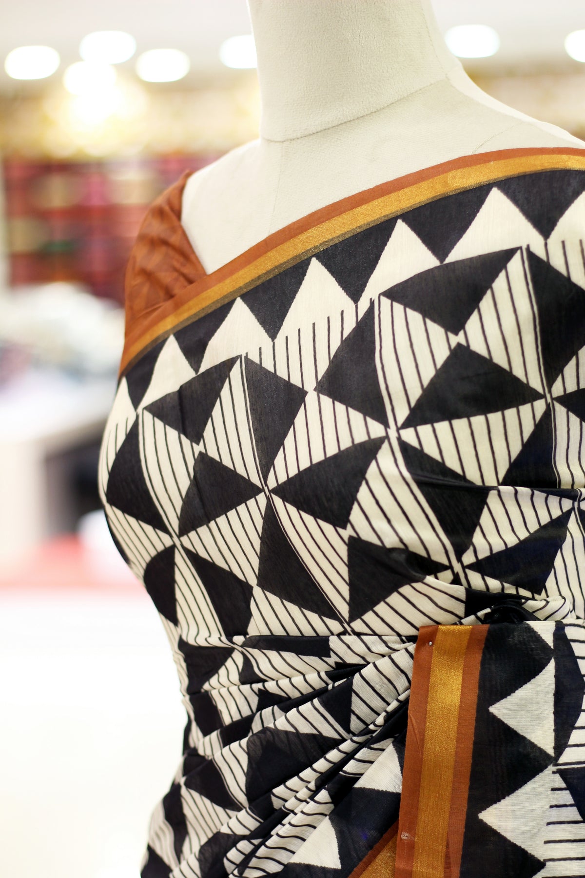 Black & White Semi Chanderi Saree | Triangle Block Print & Metallic Gold Border