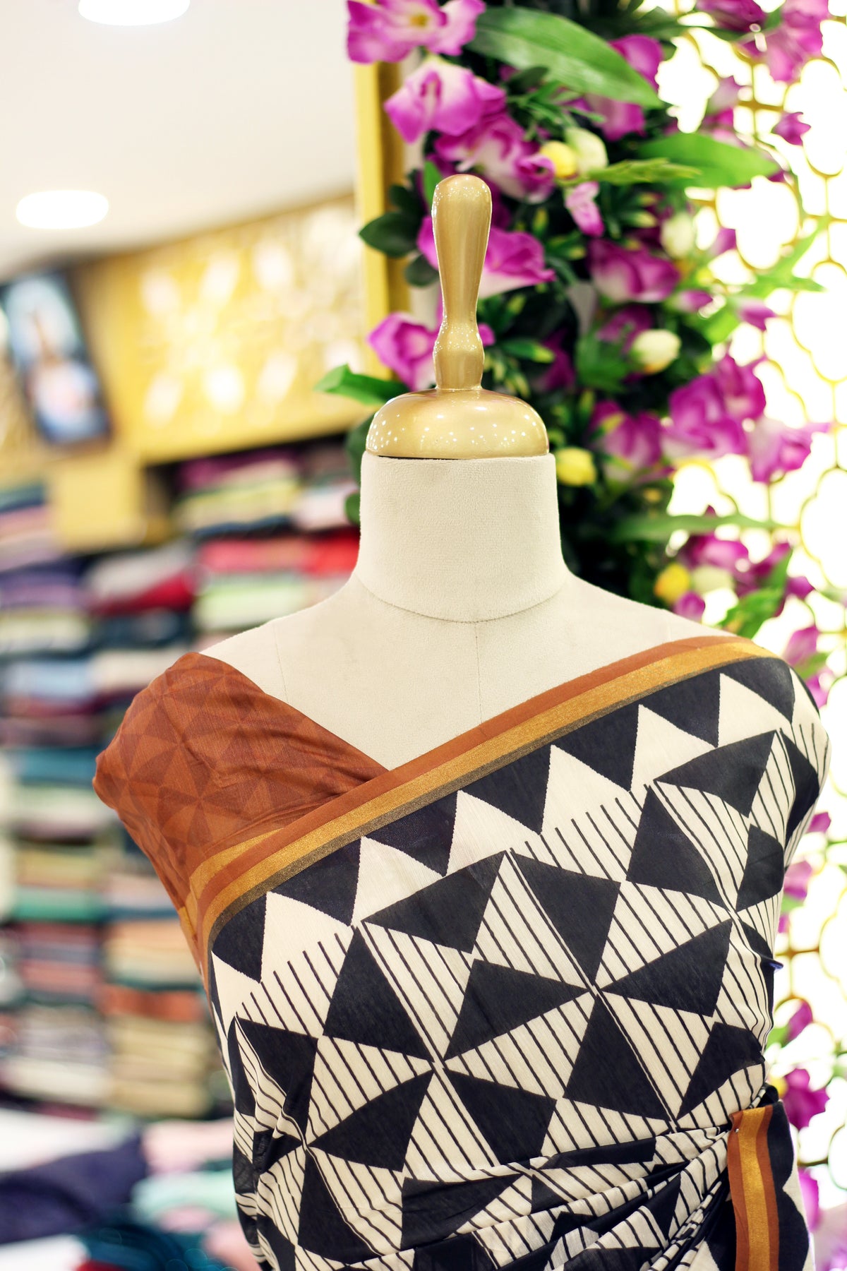 Black & White Semi Chanderi Saree | Triangle Block Print & Metallic Gold Border