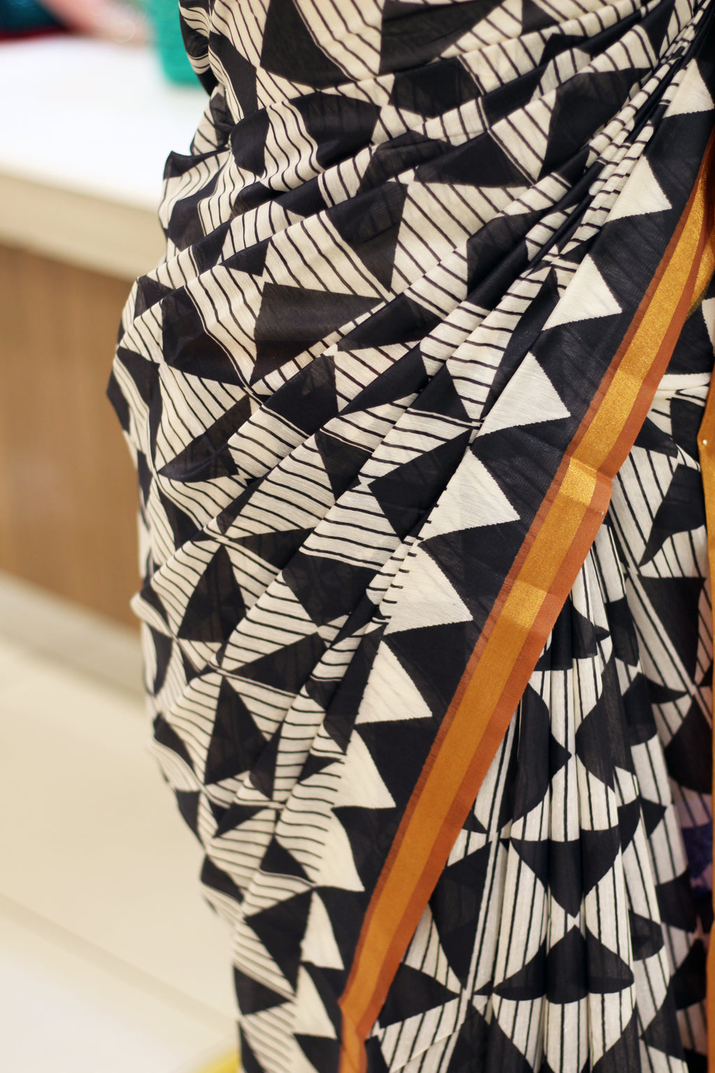 Black & White Semi Chanderi Saree | Triangle Block Print & Metallic Gold Border