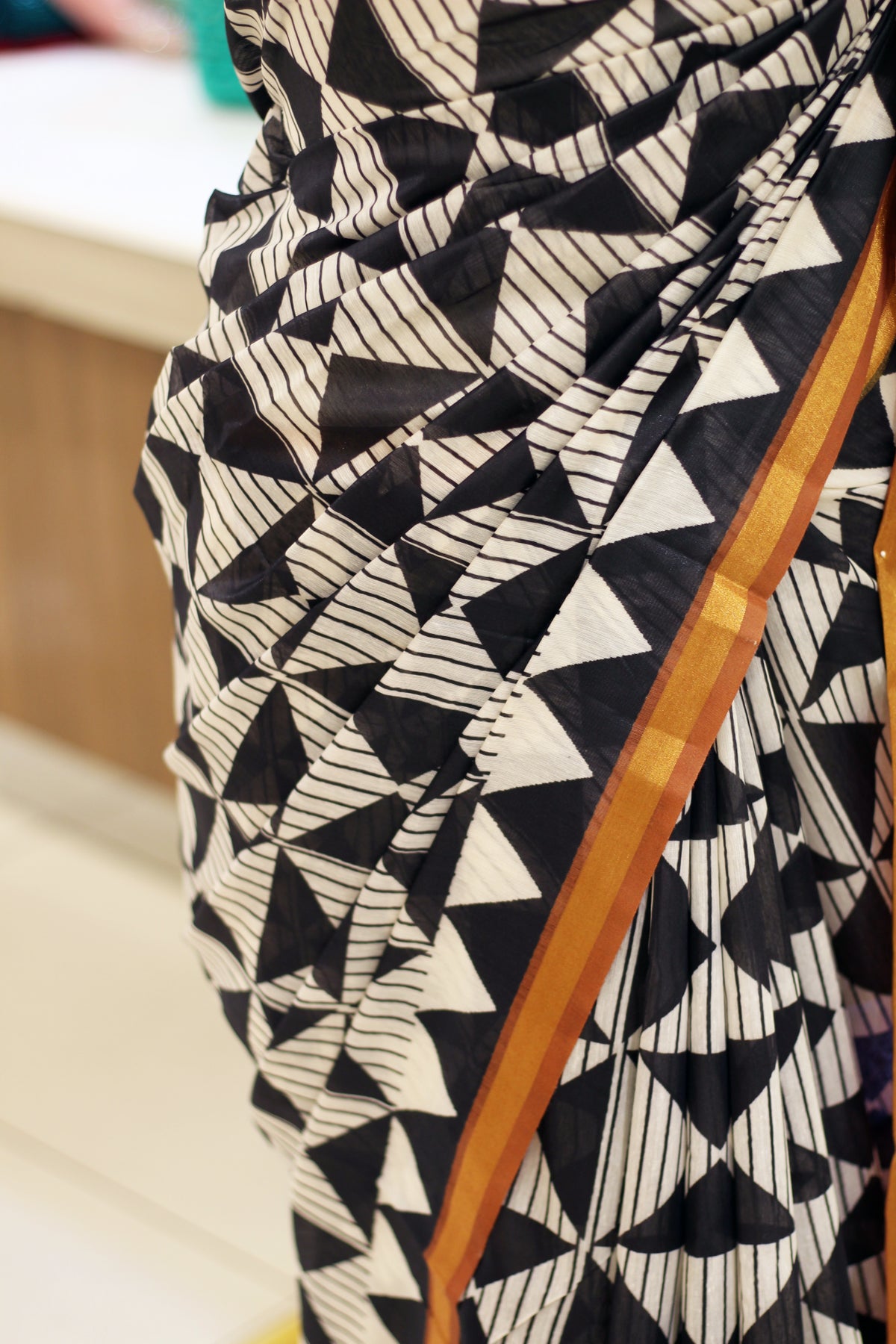 Black & White Semi Chanderi Saree | Triangle Block Print & Metallic Gold Border