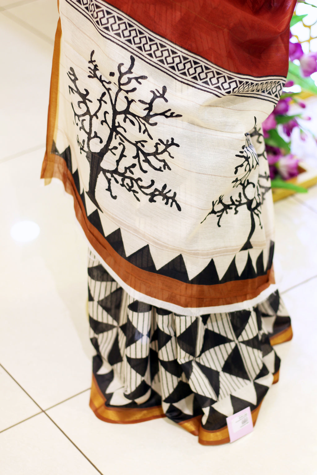 Black & White Semi Chanderi Saree | Triangle Block Print & Metallic Gold Border