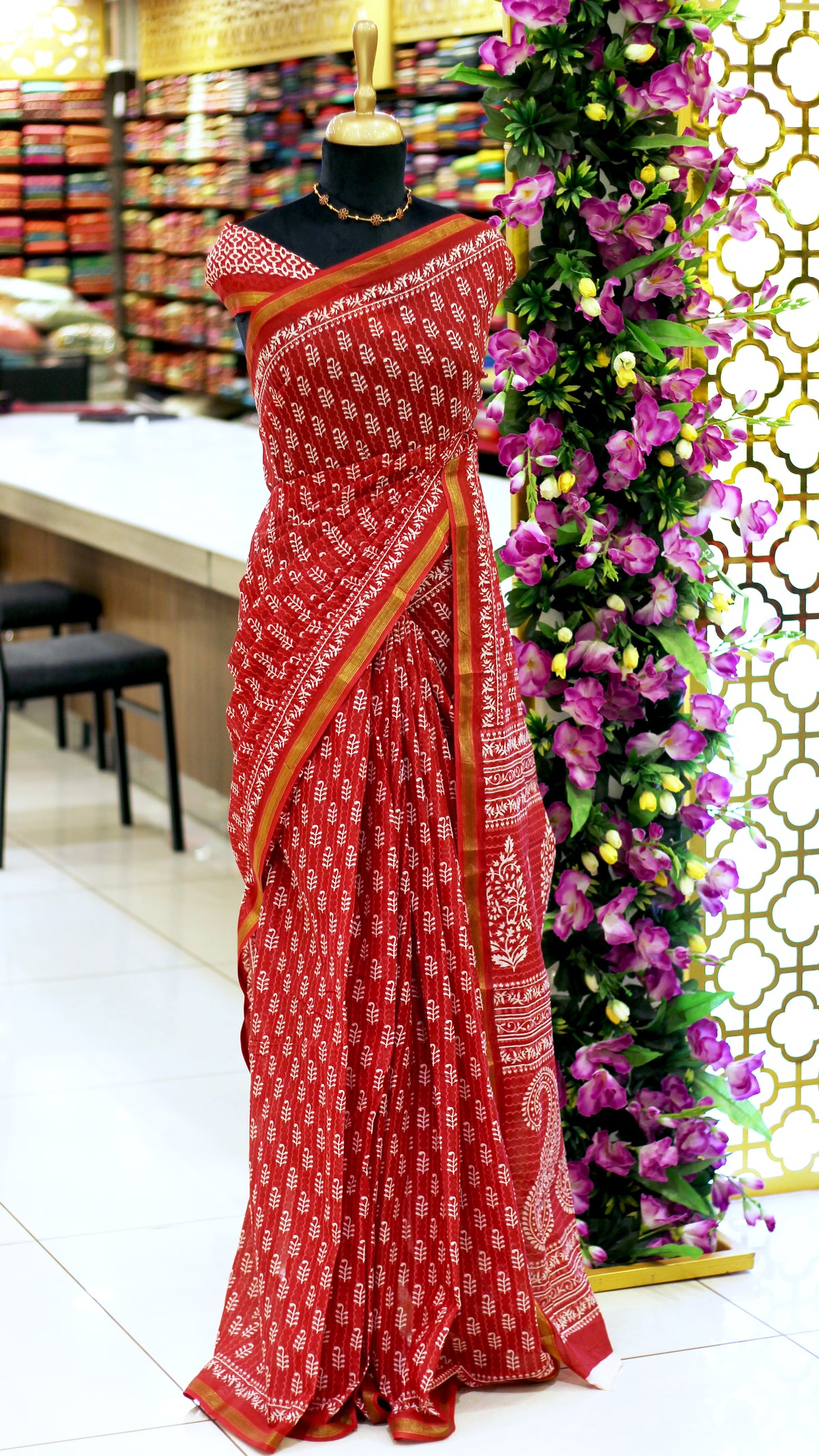 Red Cotton Hand Block Print Saree | Leaf Motif Print with Gold Zari Border