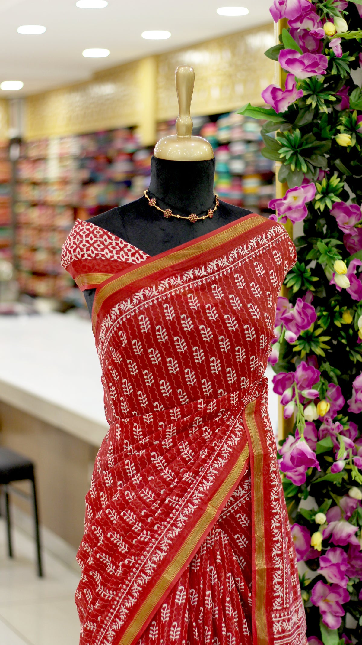Red Cotton Hand Block Print Saree | Leaf Motif Print with Gold Zari Border