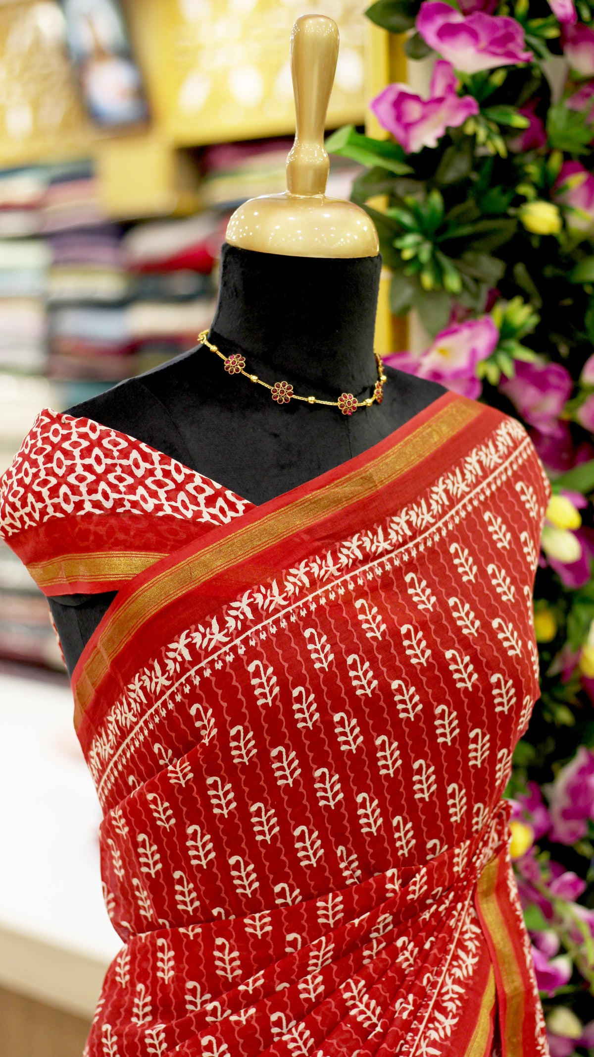 Red Cotton Hand Block Print Saree | Leaf Motif Print with Gold Zari Border