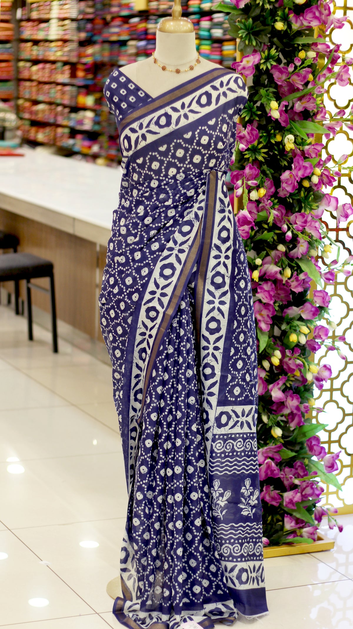 Navy Blue Semi Chanderi Bandhini Print Saree | Floral Border with Gold Zari