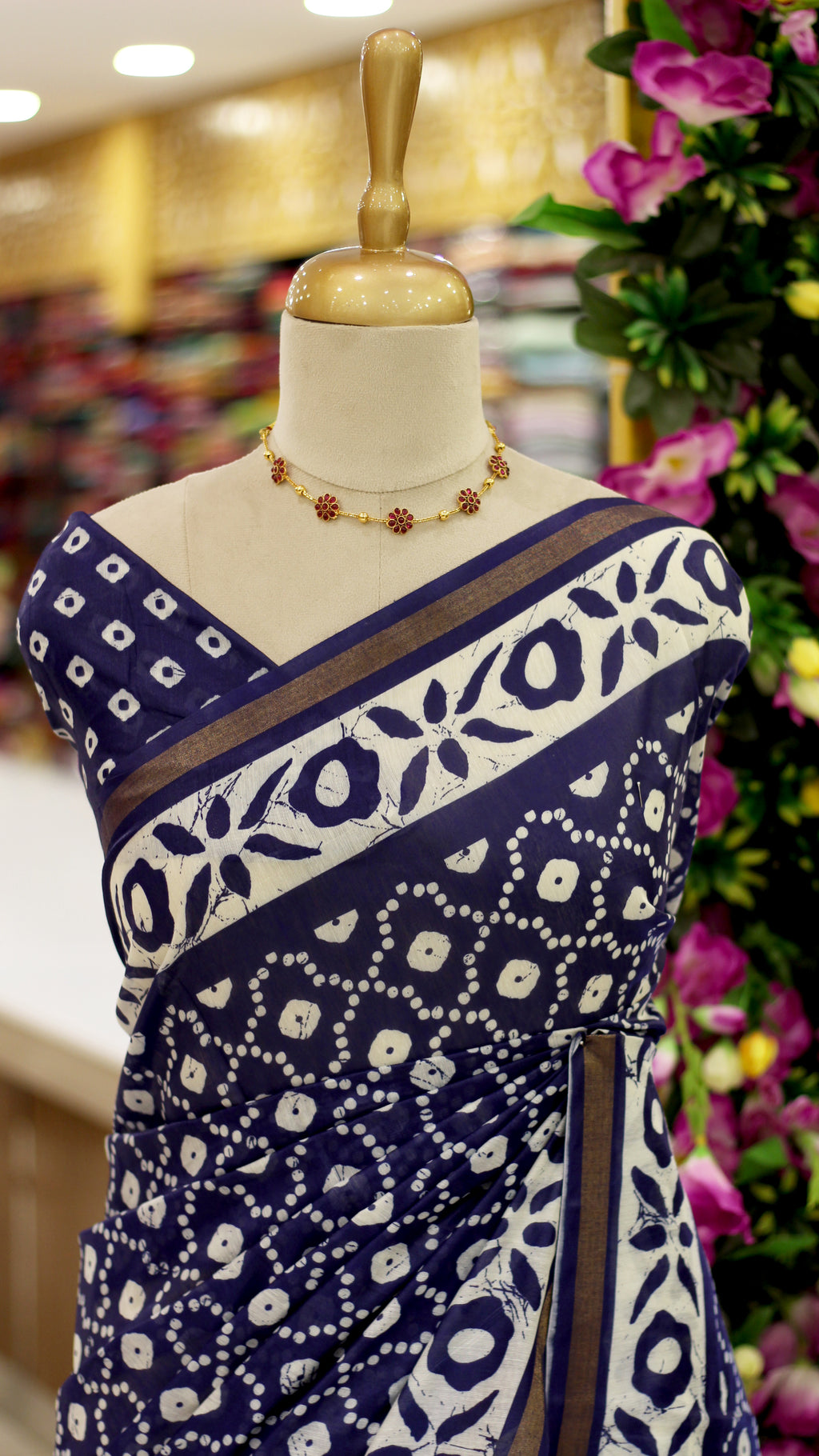 Navy Blue Semi Chanderi Bandhini Print Saree | Floral Border with Gold Zari