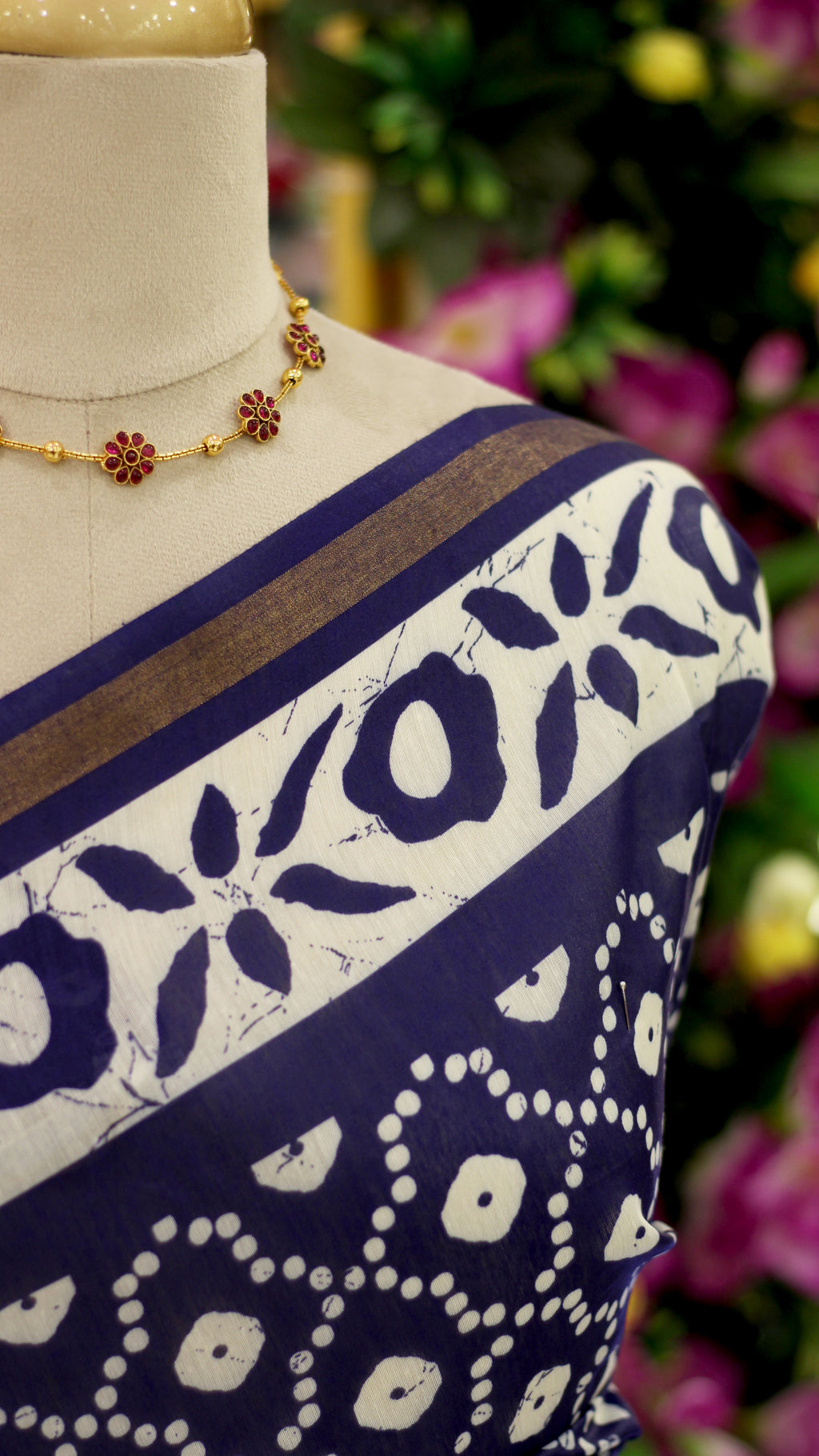Navy Blue Semi Chanderi Bandhini Print Saree | Floral Border with Gold Zari