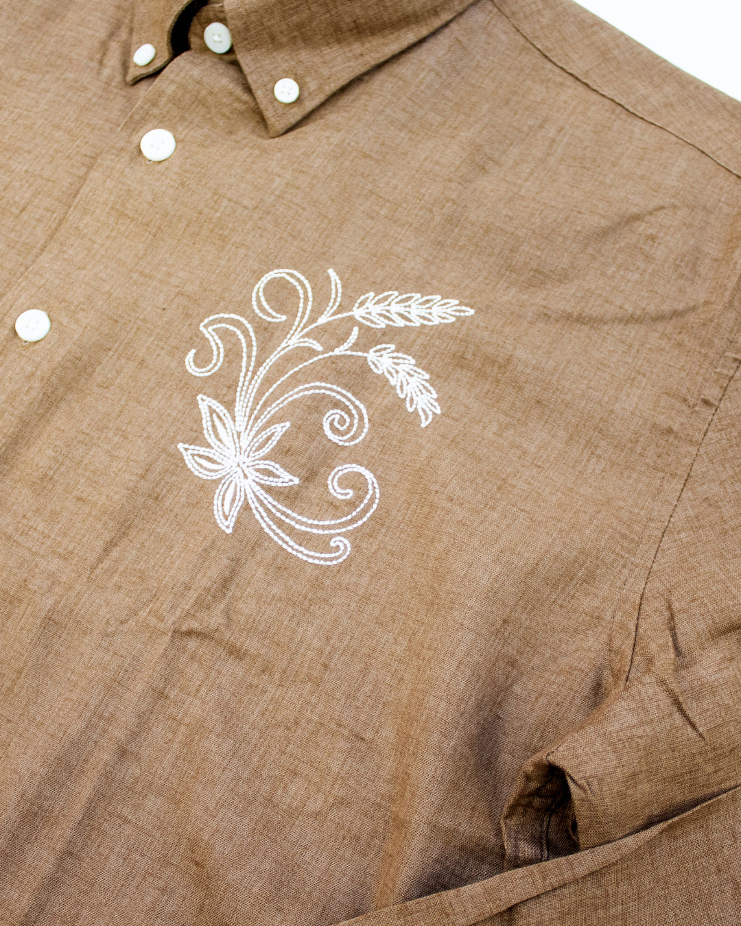 Men's Camel Brown Embroidered Linen Shirt