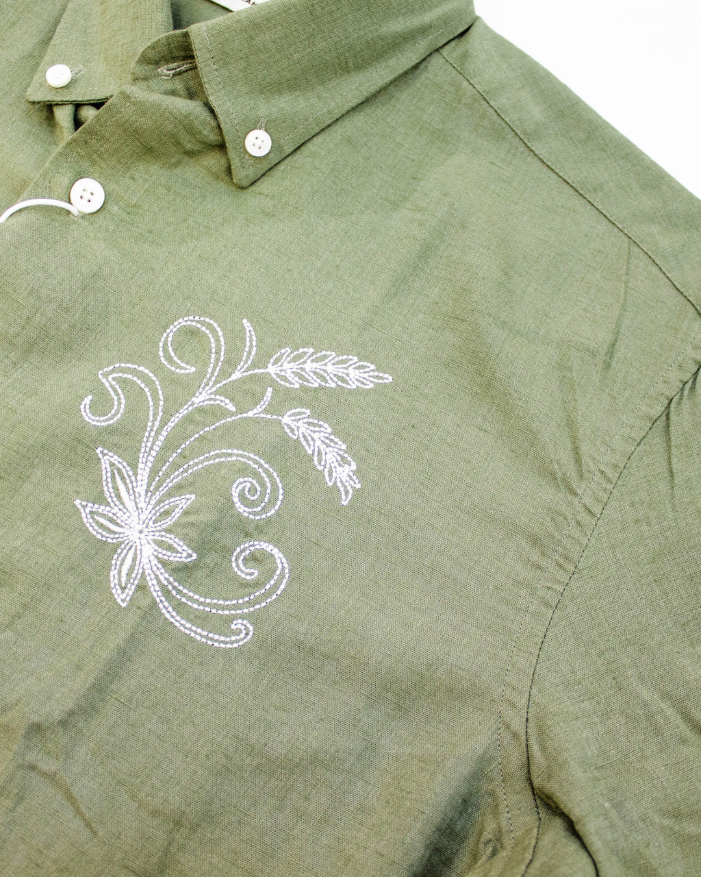 Men's Sage Green Embroidered Linen Full Sleeve Shirt