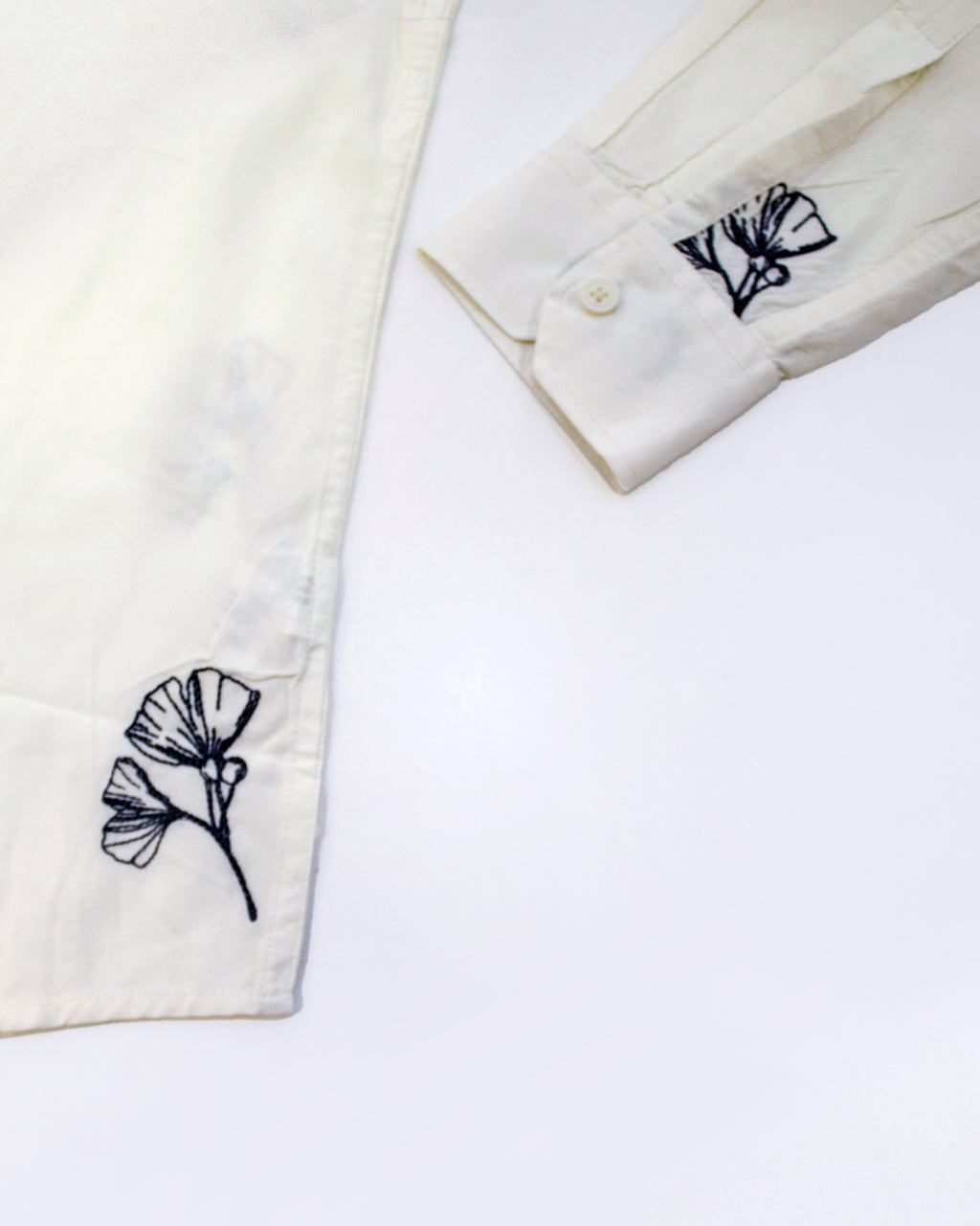 Men's White Ginkgo Embroidered Full-Sleeve Shirt