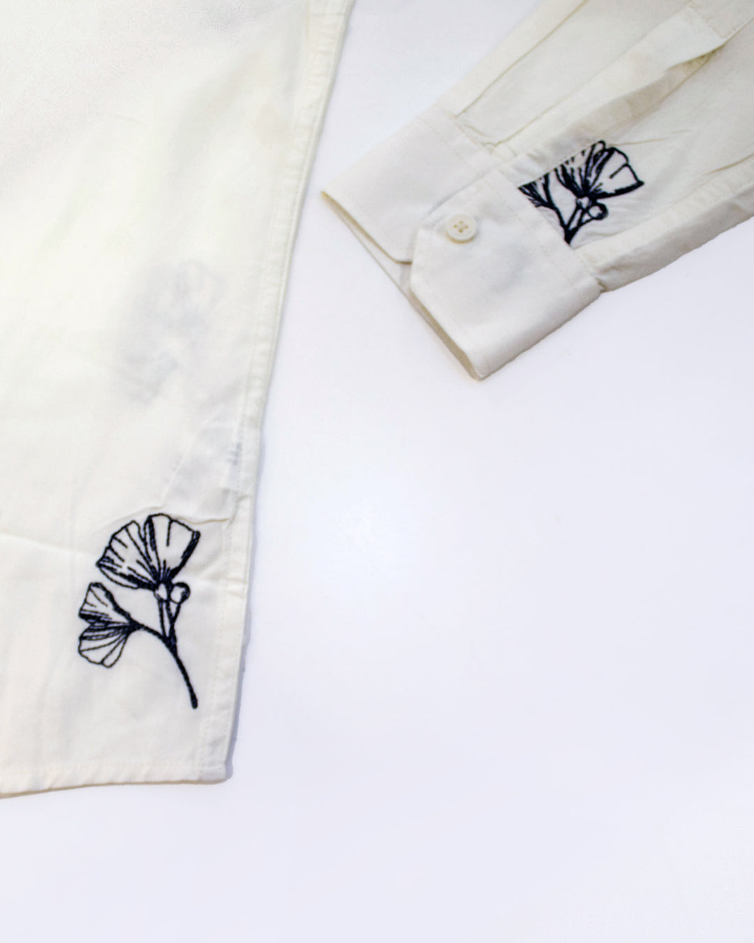 Men's White Ginkgo Embroidered Full-Sleeve Shirt