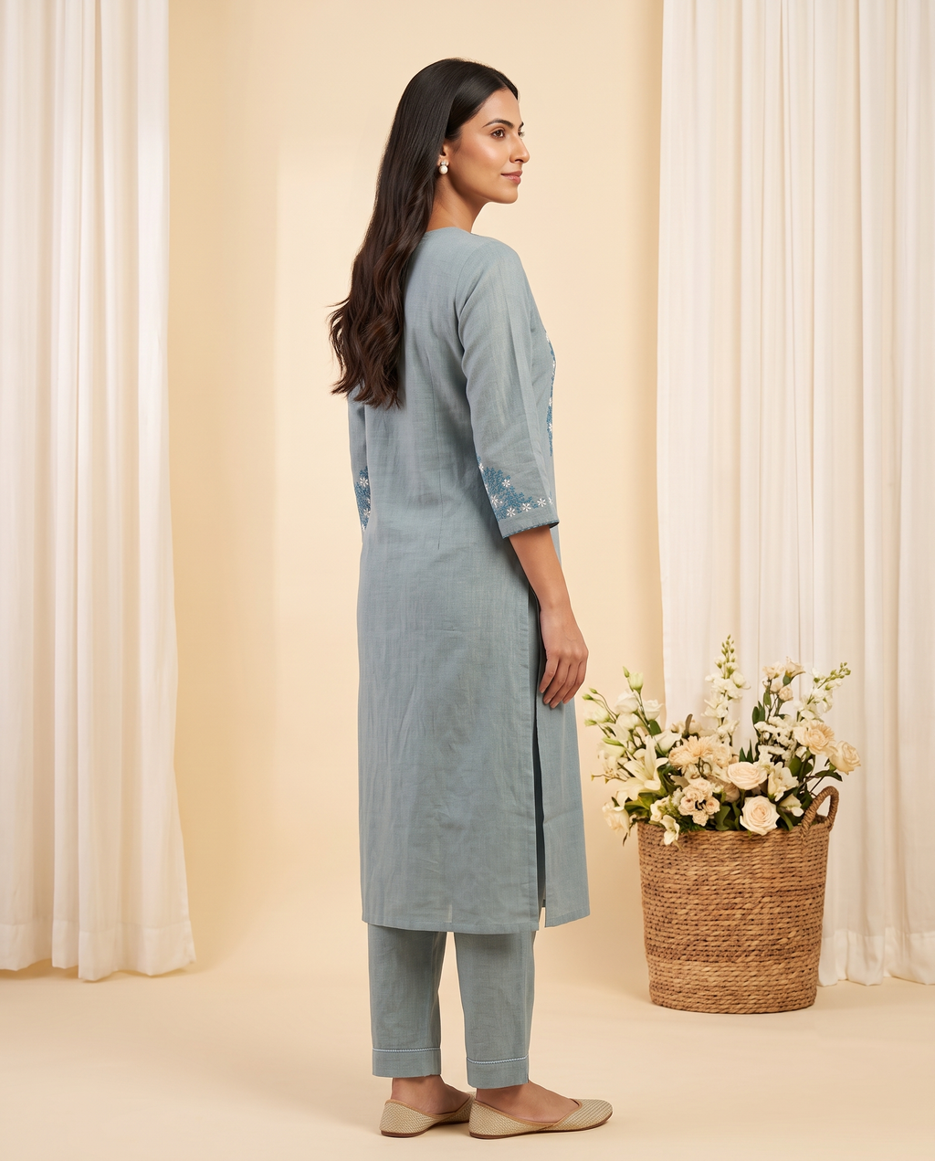 Steel Blue Embroidered Straight Kurta With Pant Set