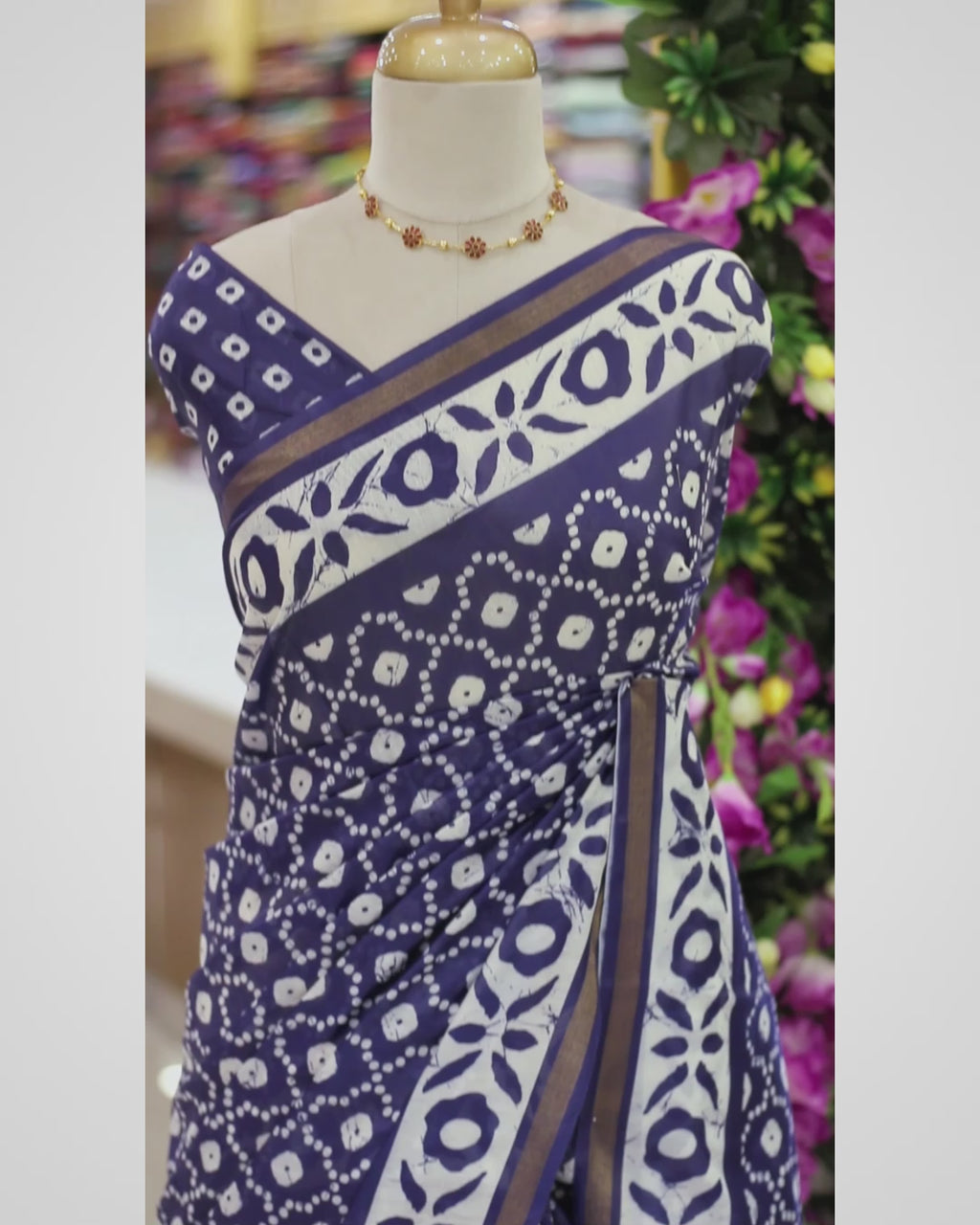 Navy Blue Semi Chanderi Bandhini Print Saree | Floral Border with Gold Zari