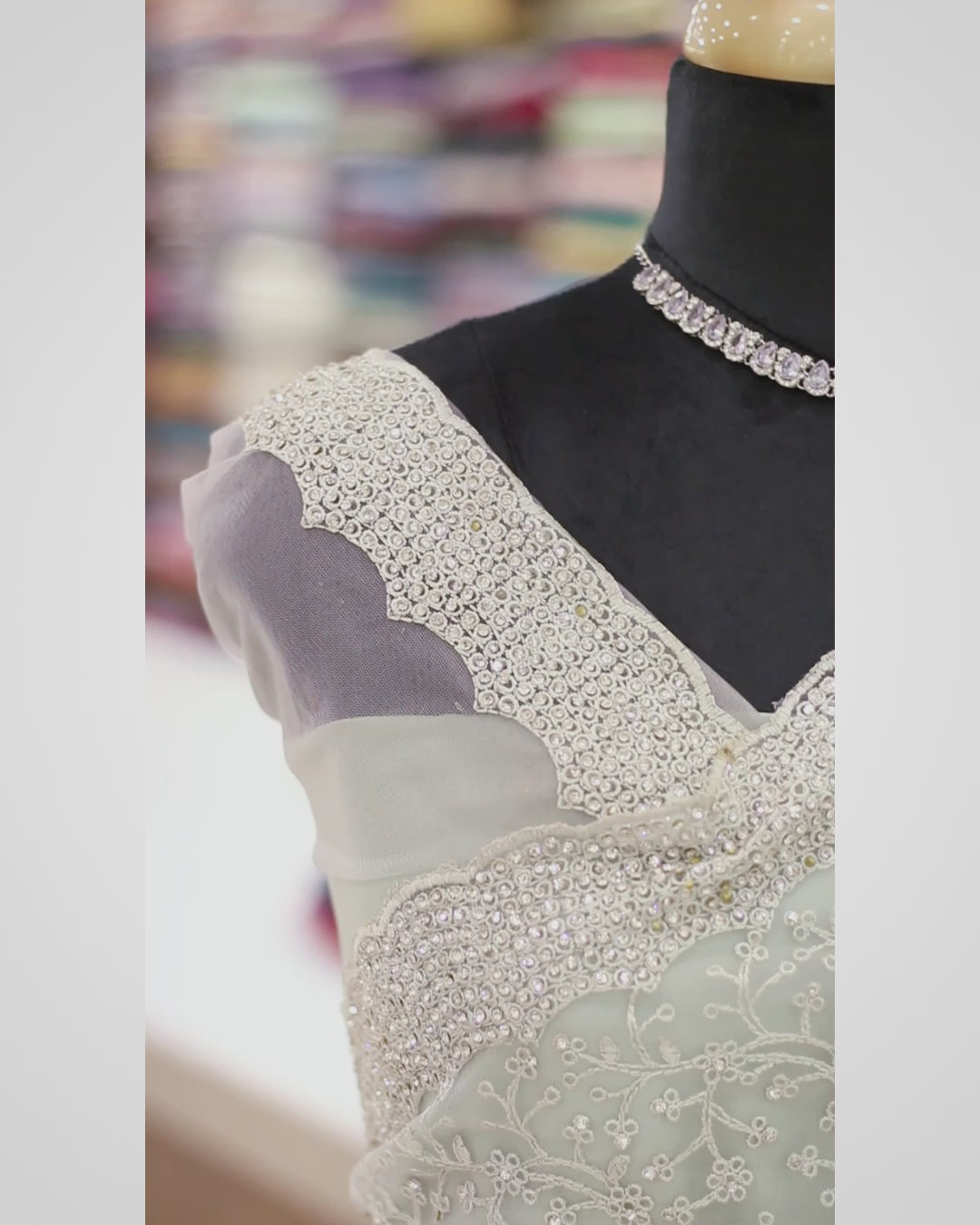 Silver Off-White Net Fancy Saree with Thread & Stone Work | Embroidered Sleeve Border Blouse