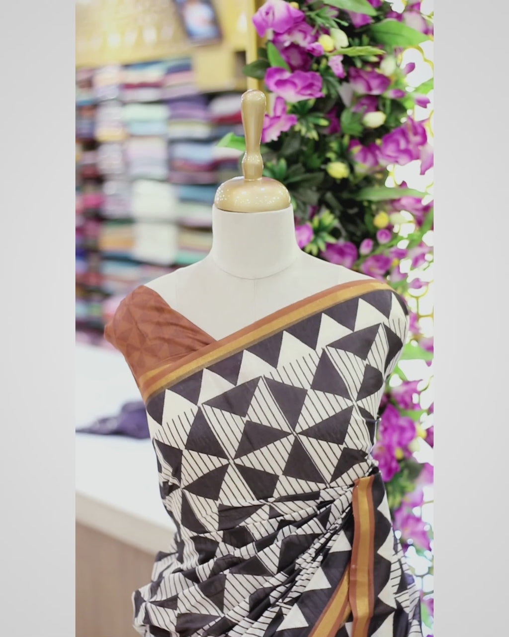 Black & White Semi Chanderi Saree | Triangle Block Print & Metallic Gold Border