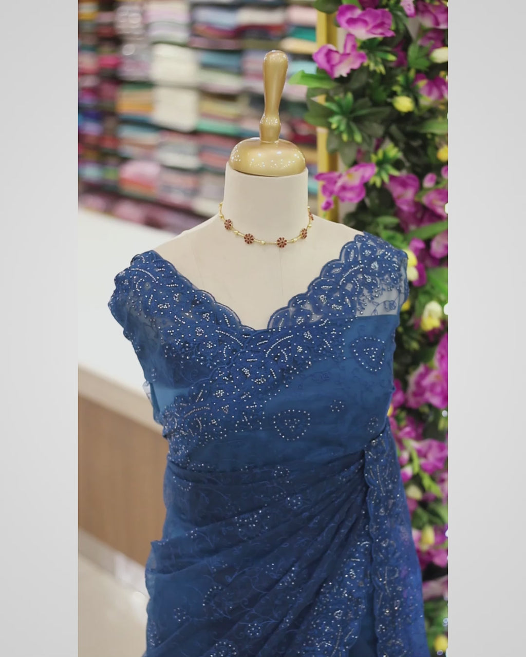 Royal Blue Net Fancy Saree with Thread & Stone Work | Stone Threadwork Blouse