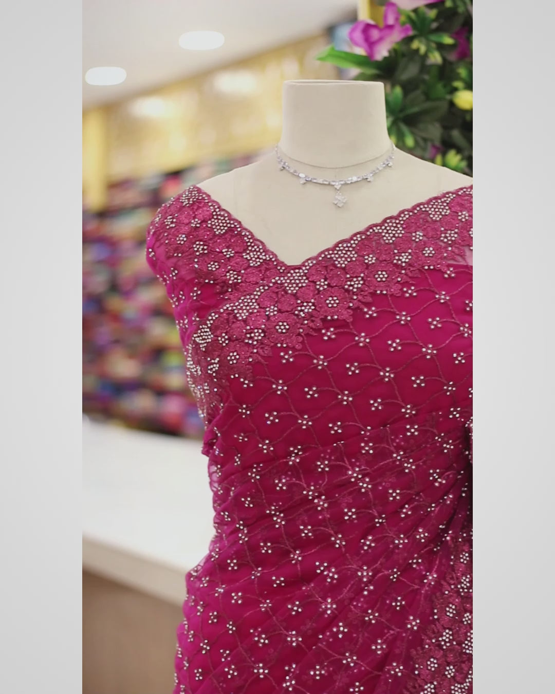 Rani Pink Net Fancy Saree with Thread & Stone Work | Stone Threadwork Blouse