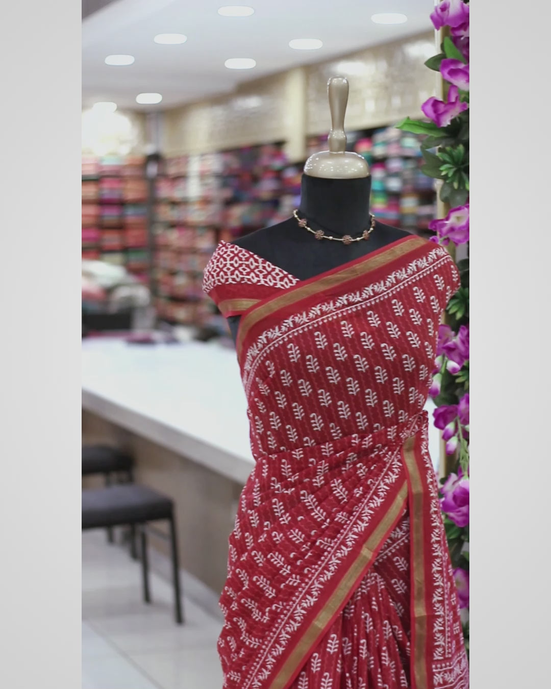 Red Cotton Hand Block Print Saree | Leaf Motif Print with Gold Zari Border