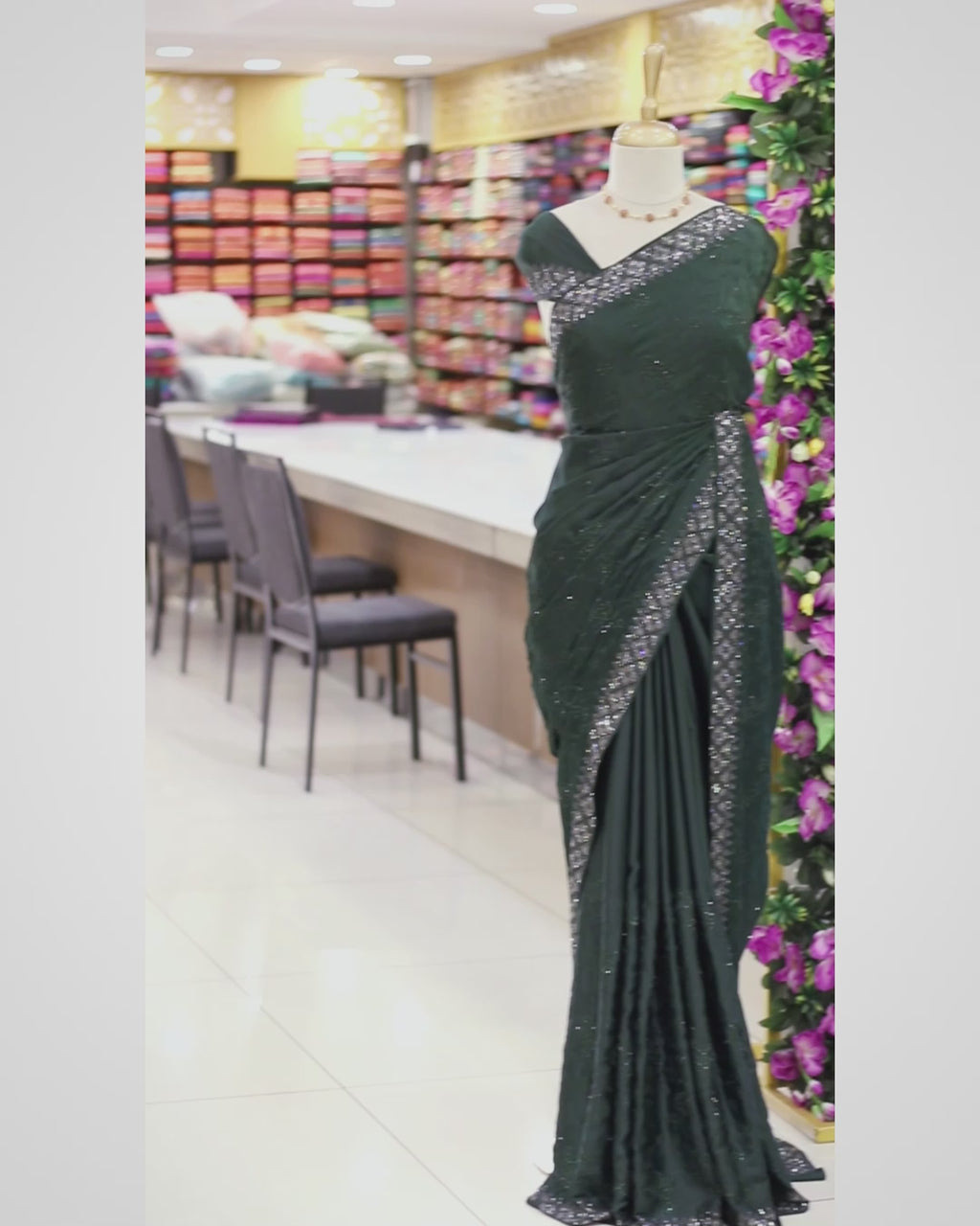 Bottle Green Satin Silk Saree with Thread & Stone Work | Plain Stone Work Blouse