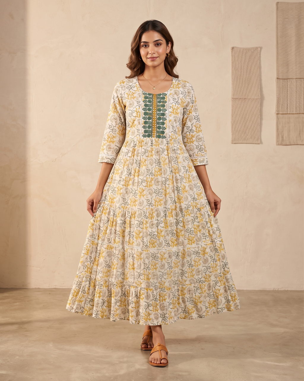 Ivory Floral Block Print Tiered Anarkali Kurti