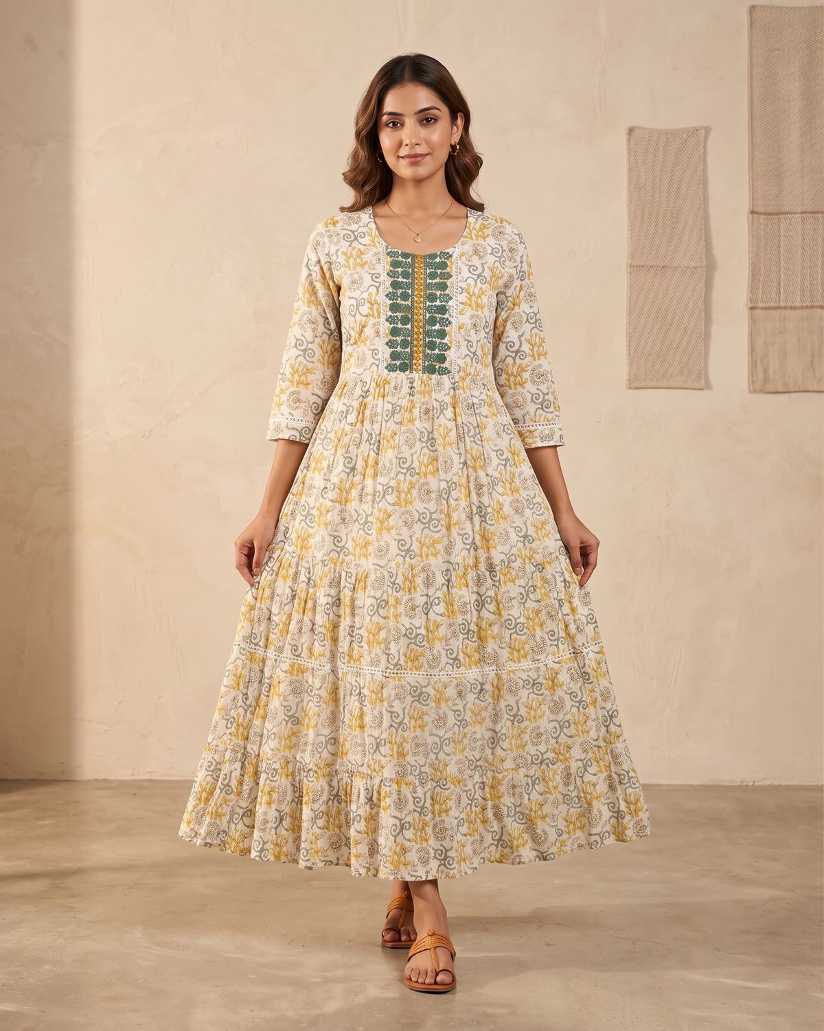 Ivory Floral Block Print Tiered Anarkali Kurti